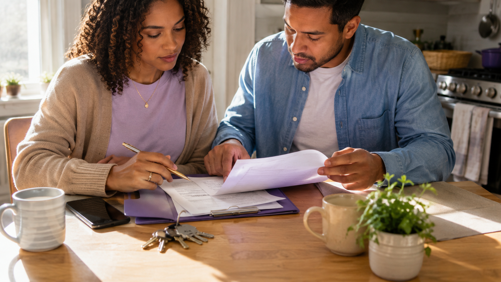 People reviewing support paperwork at a kitchen table