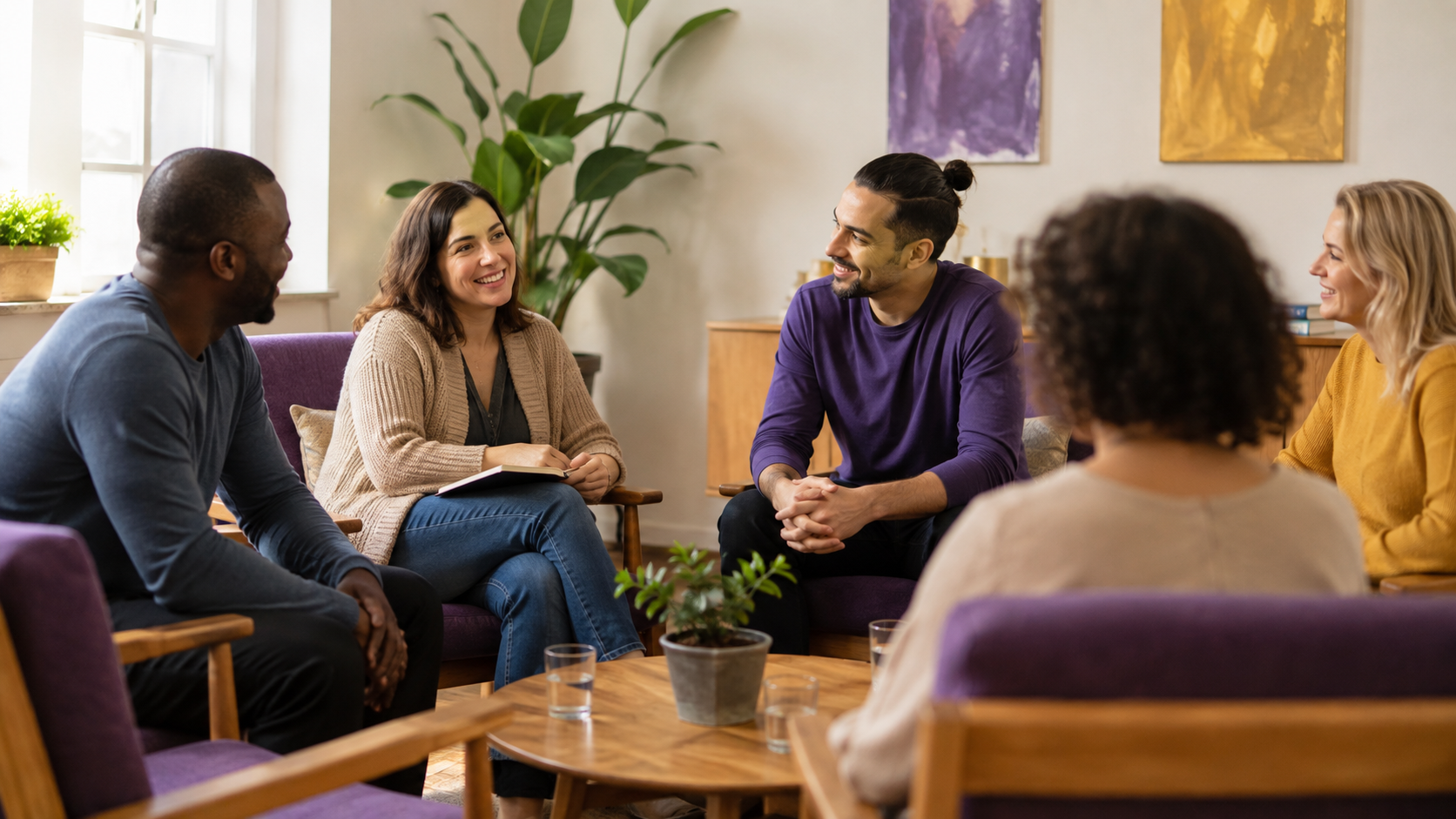 Small peer support group in a comfortable room